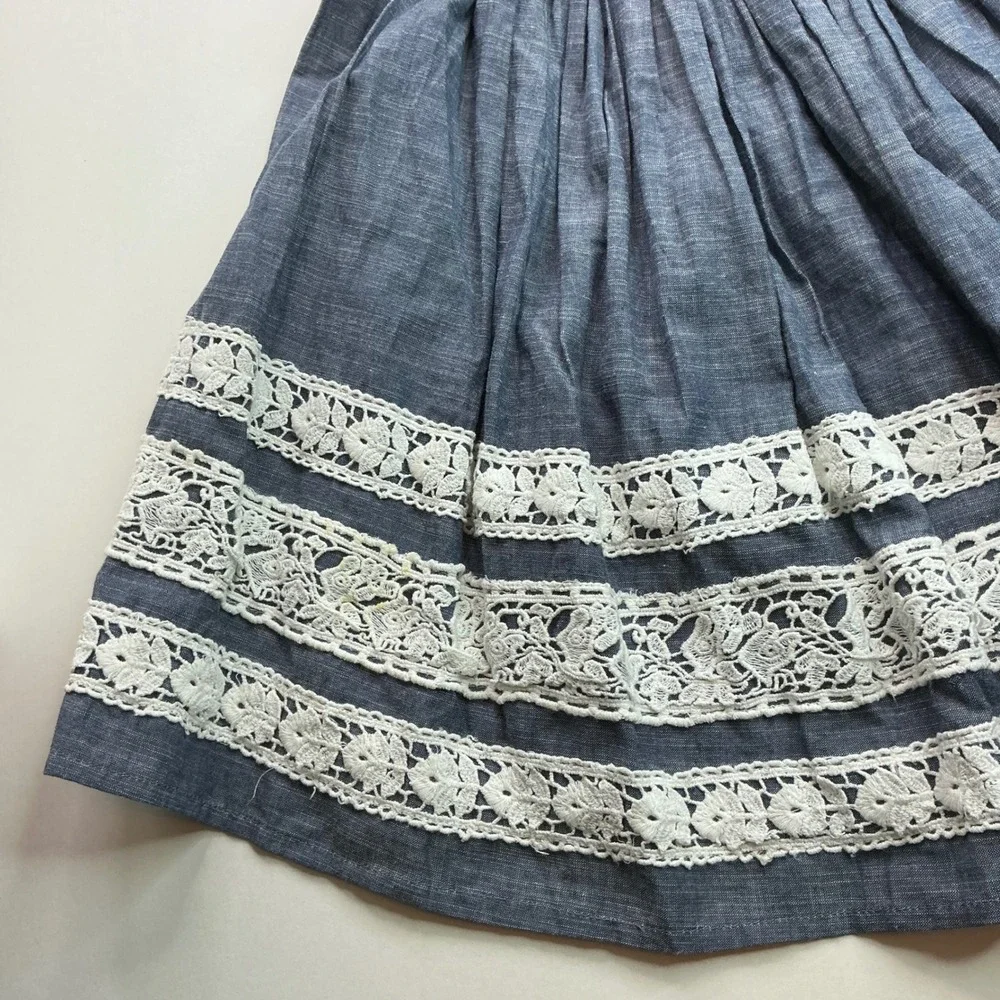 Kaisely Blue Chambray Lace Trim Open Back Dress Kids Size 10 Cottagecore Boho